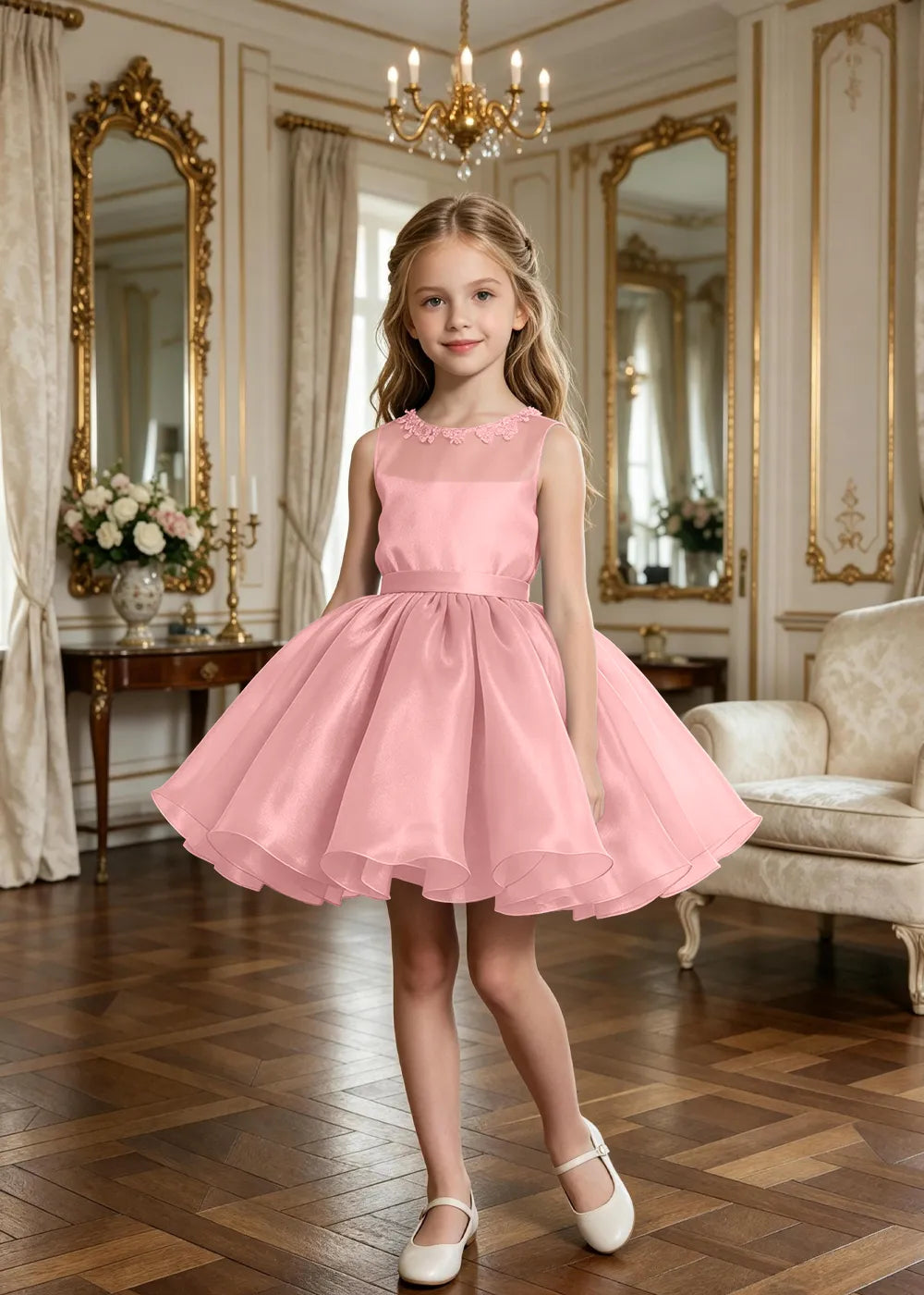 Floral Neckline Junior Bridesmaid Formal Dress