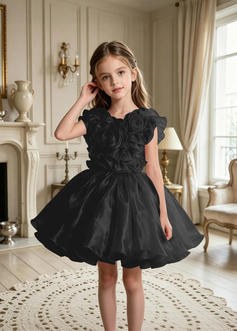 3D Rose Appliqué Tulle Party Dress for Girls