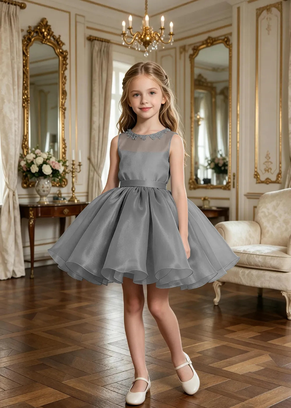 Floral Neckline Junior Bridesmaid Formal Dress