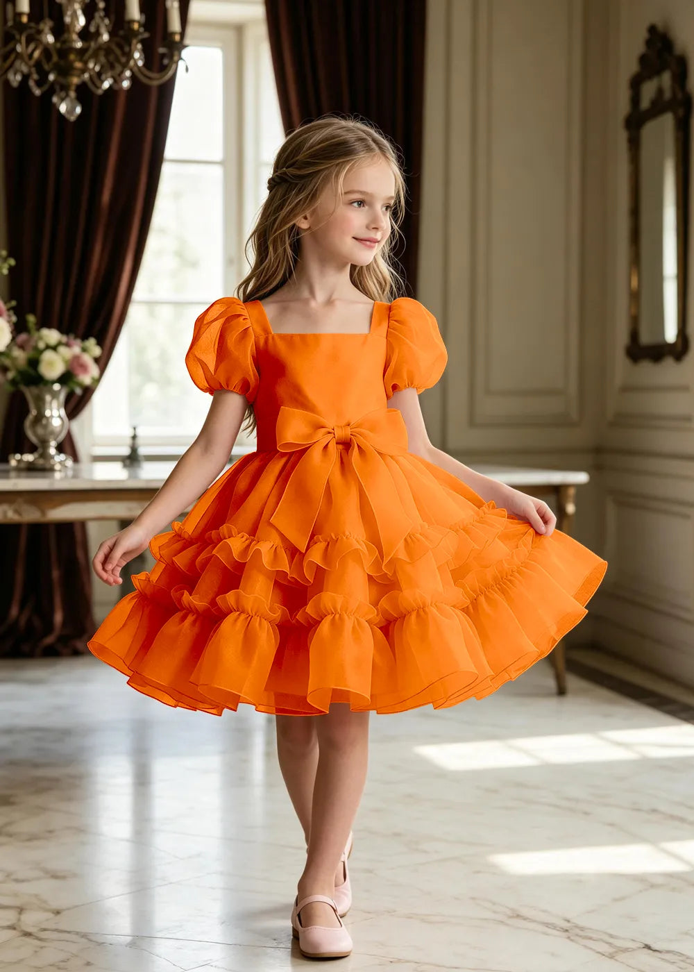 Puff Sleeve Bow Waist Tulle Party Dress for Girls