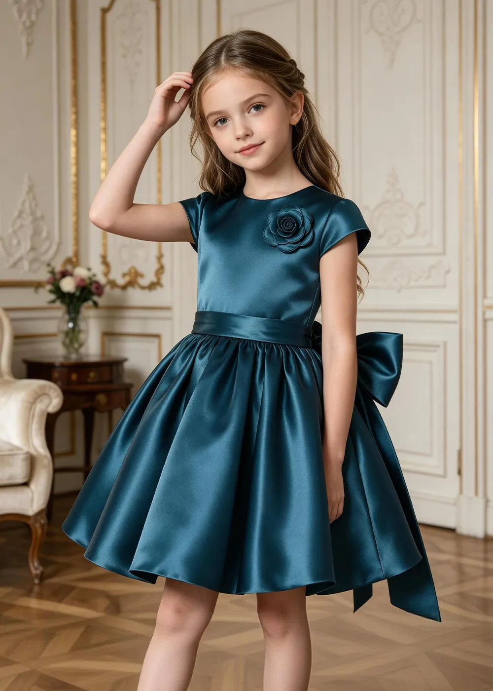 Marcelline Rose Appliqué Satin Party Dress
