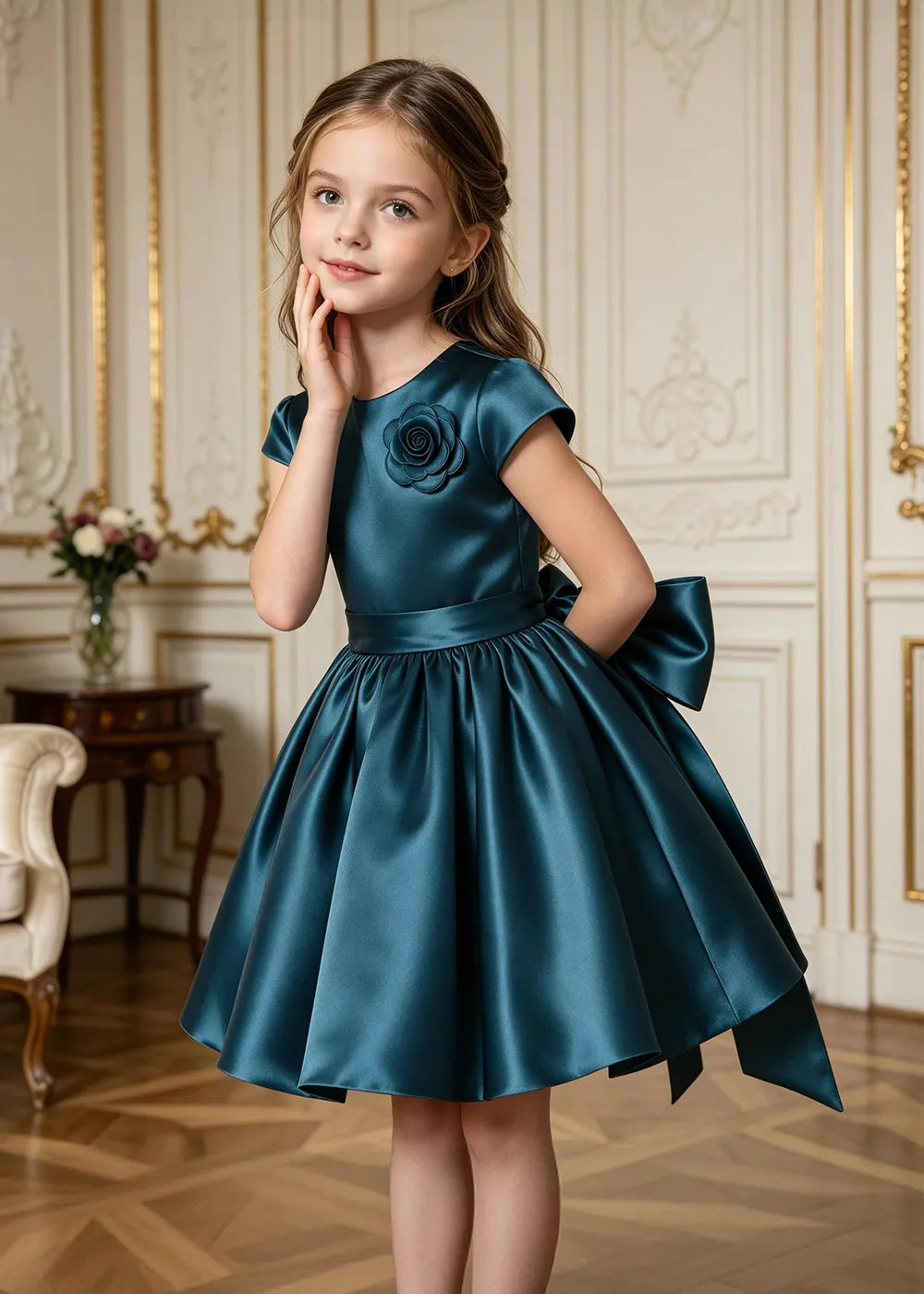 Marcelline Rose Appliqué Satin Party Dress