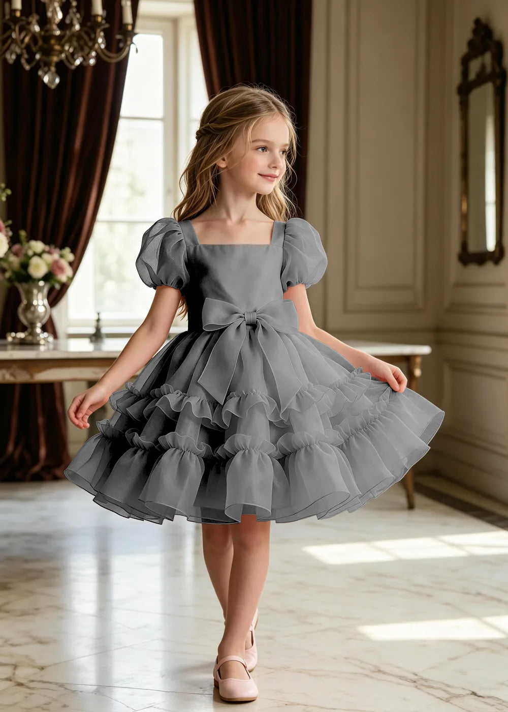 Puff Sleeve Bow Waist Tulle Party Dress for Girls