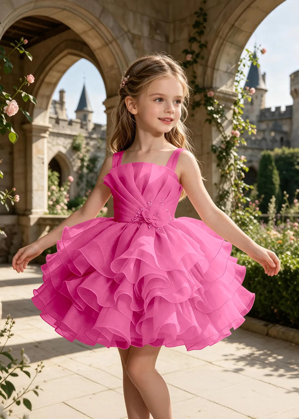 Sculpted Floral Ruffle Party Dress for Girls