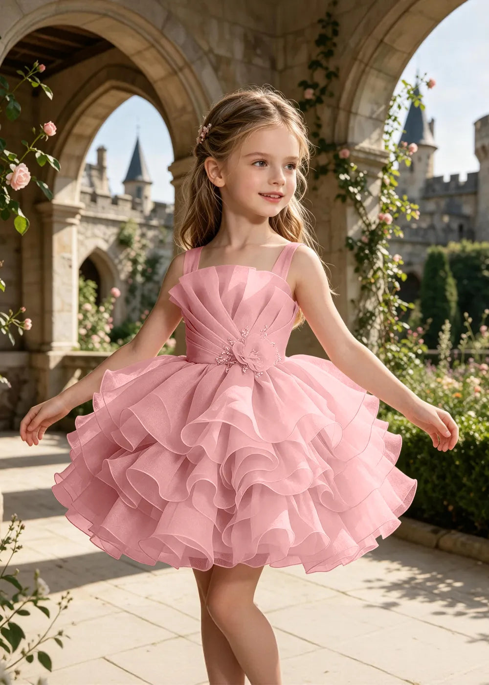 Sculpted Floral Ruffle Party Dress for Girls