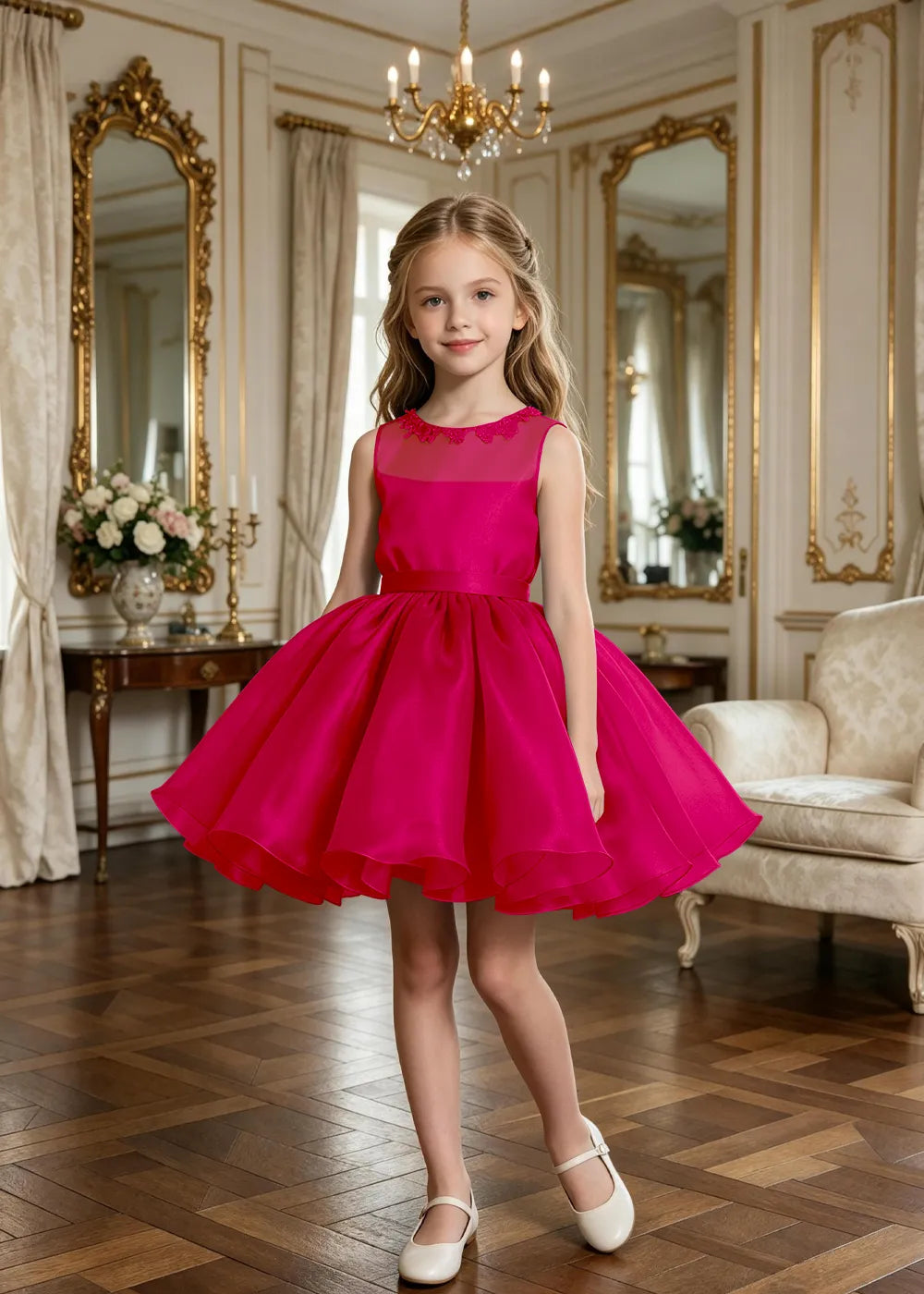 Floral Neckline Junior Bridesmaid Formal Dress