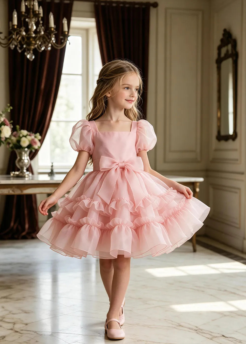 Puff Sleeve Bow Waist Tulle Party Dress for Girls
