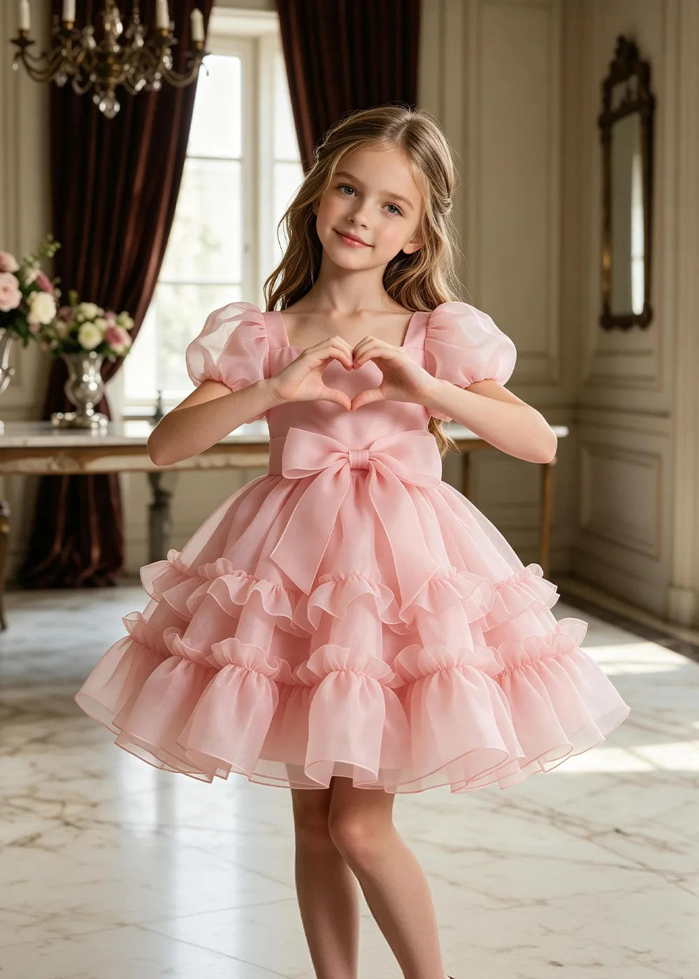 Puff Sleeve Bow Waist Tulle Party Dress for Girls