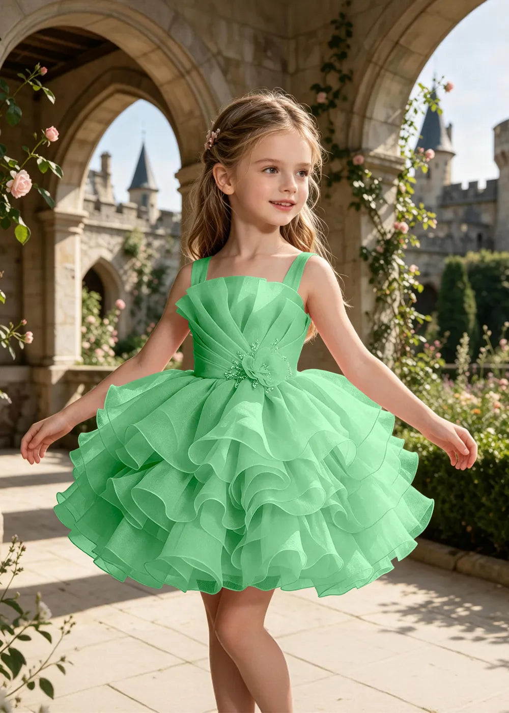 Tiered Tulle Pageant Dress with 3D Flower