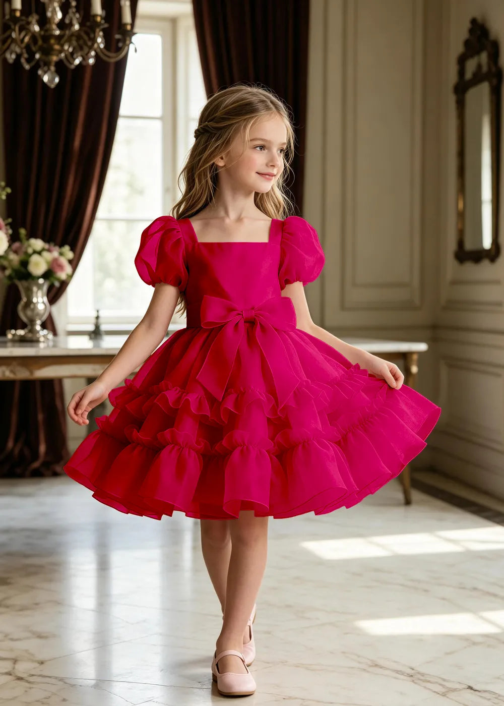 Puff Sleeve Bow Waist Tulle Party Dress for Girls