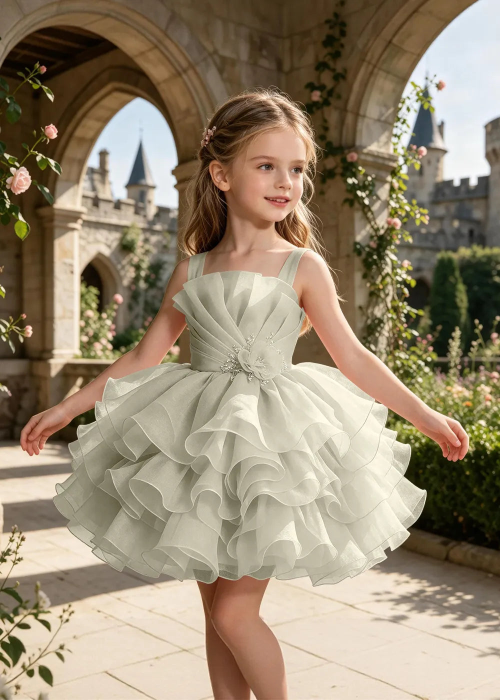 Tiered Tulle Pageant Dress with 3D Flower