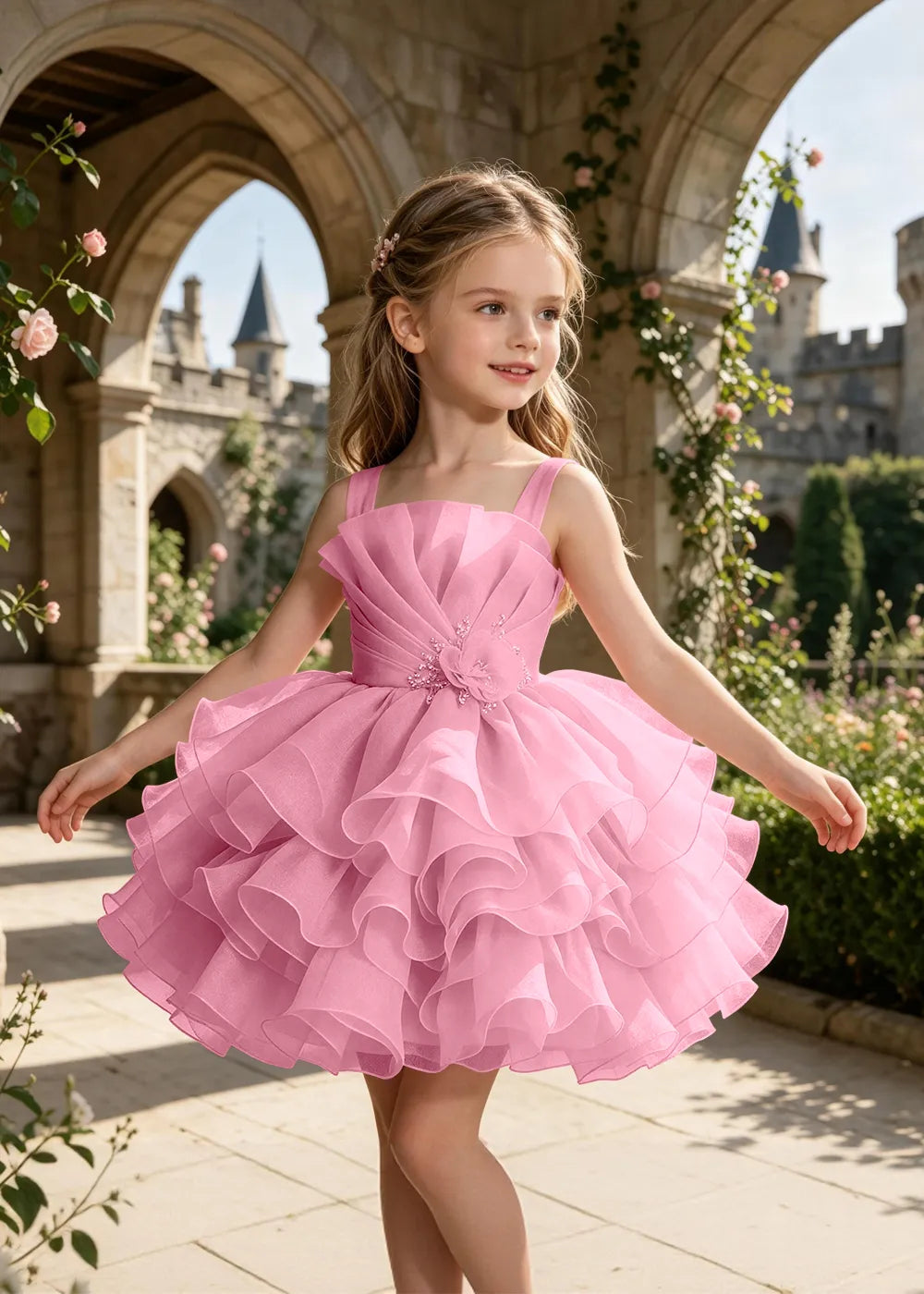 Tiered Tulle Pageant Dress with 3D Flower
