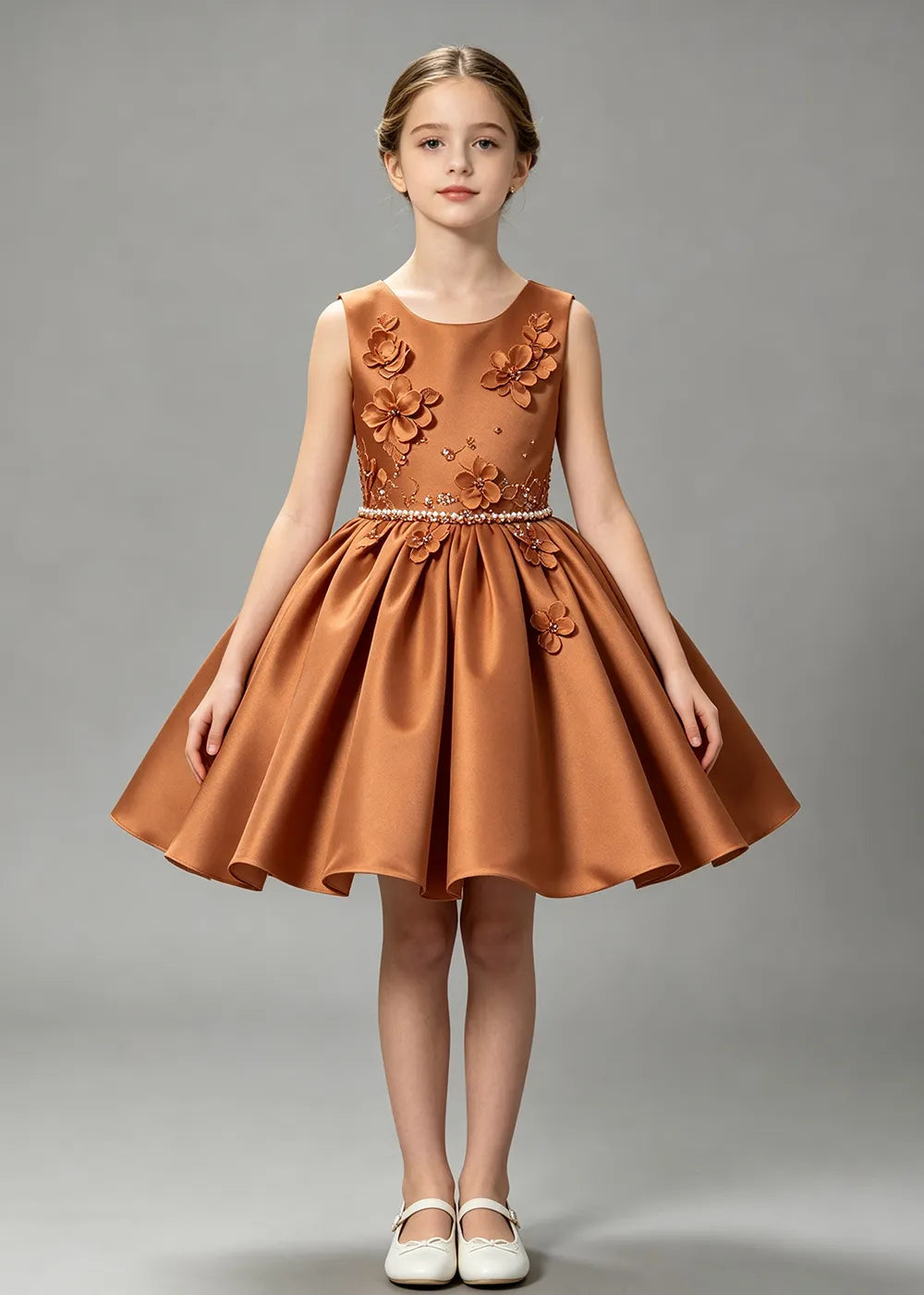 Elegant White Flower Girl Dress with 3D Floral Details