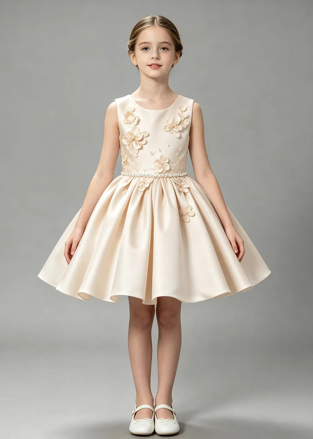 Elegant White Flower Girl Dress with 3D Floral Details