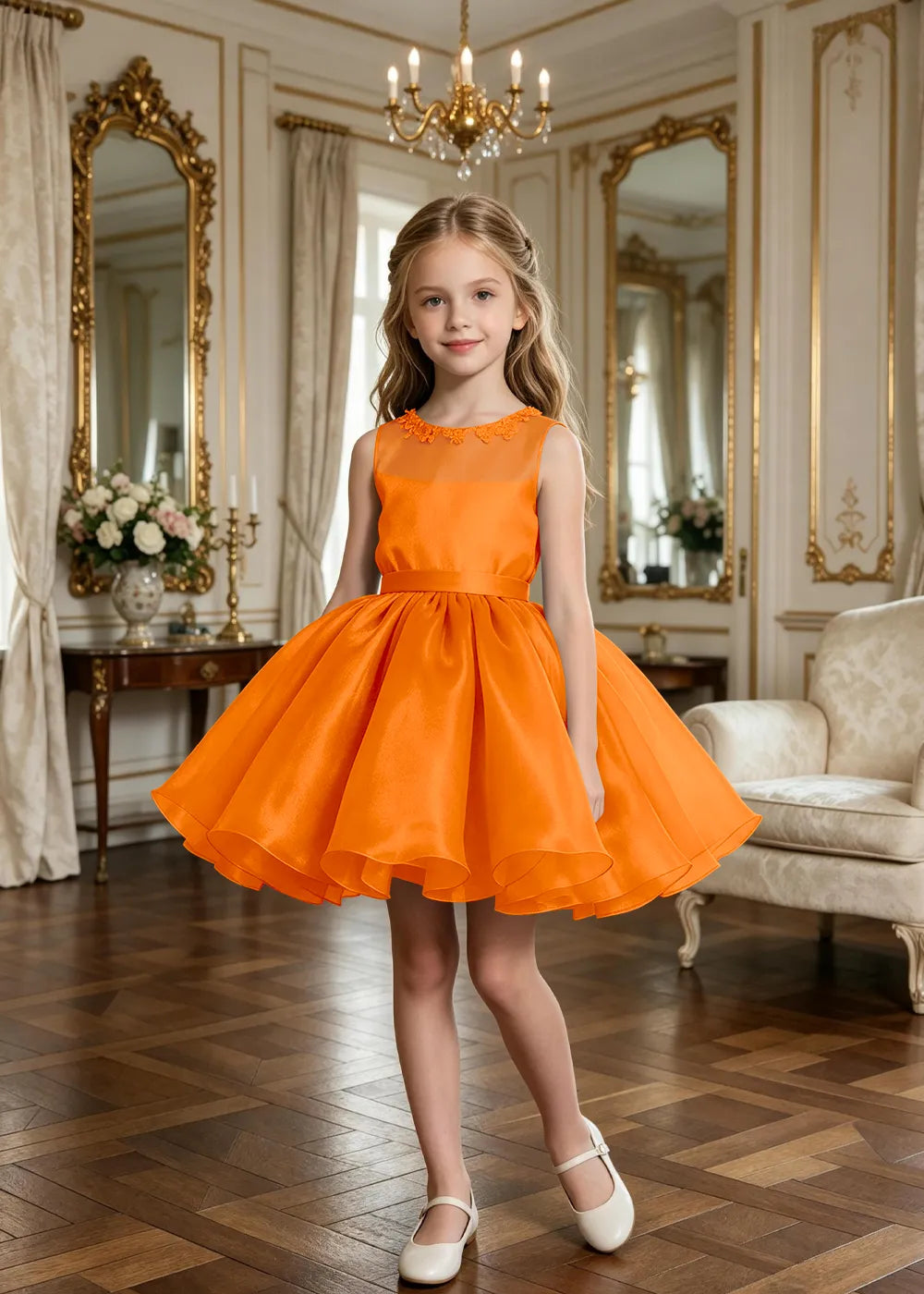 Floral Neckline Junior Bridesmaid Formal Dress