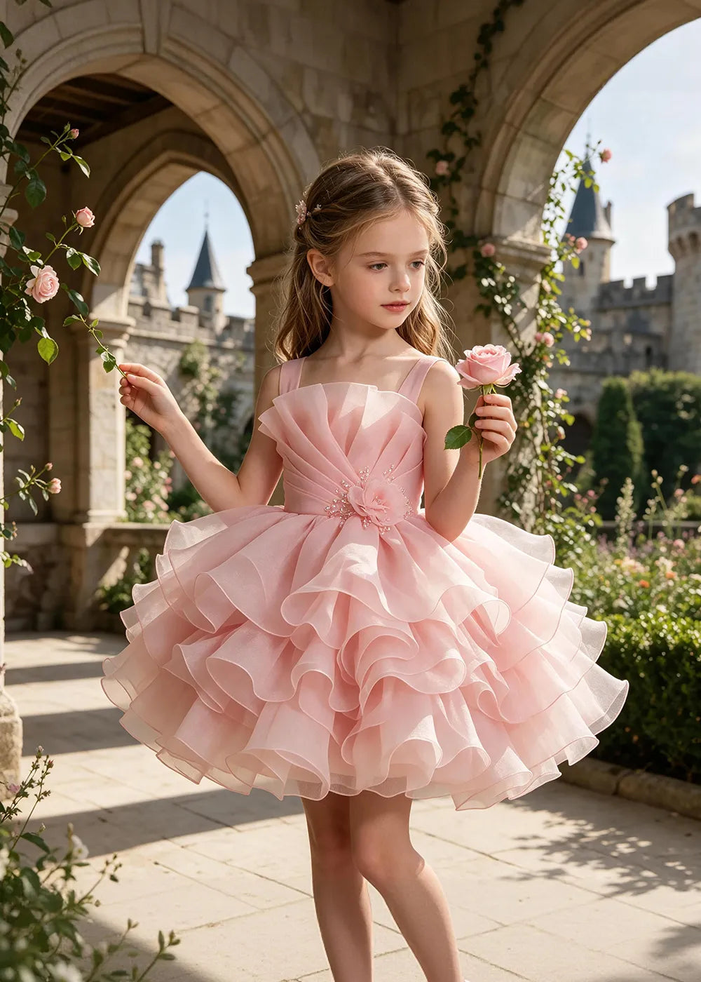Sculpted Floral Ruffle Party Dress for Girls