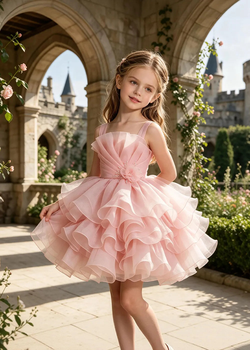 Sculpted Floral Ruffle Party Dress for Girls