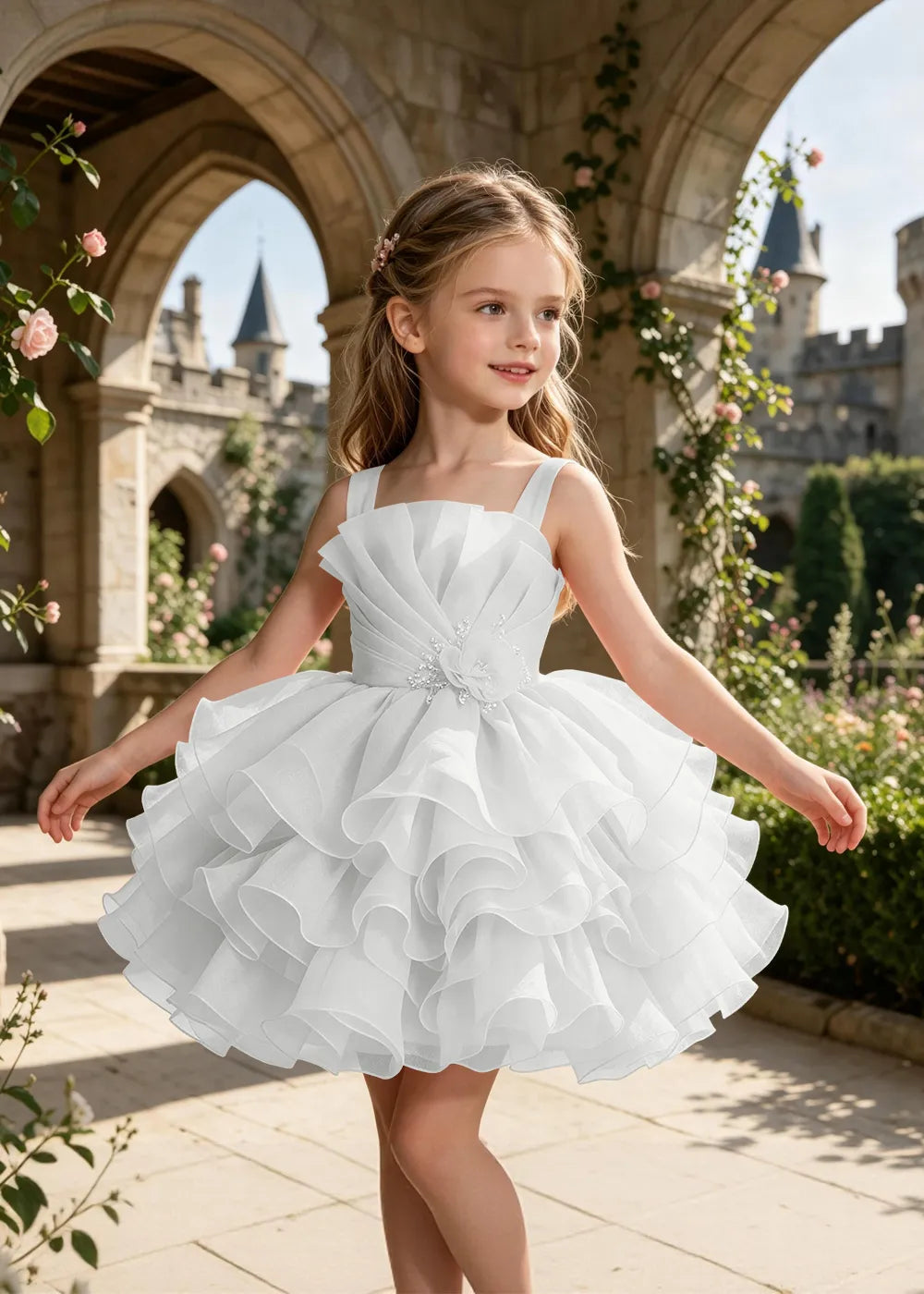 Tiered Tulle Pageant Dress with 3D Flower