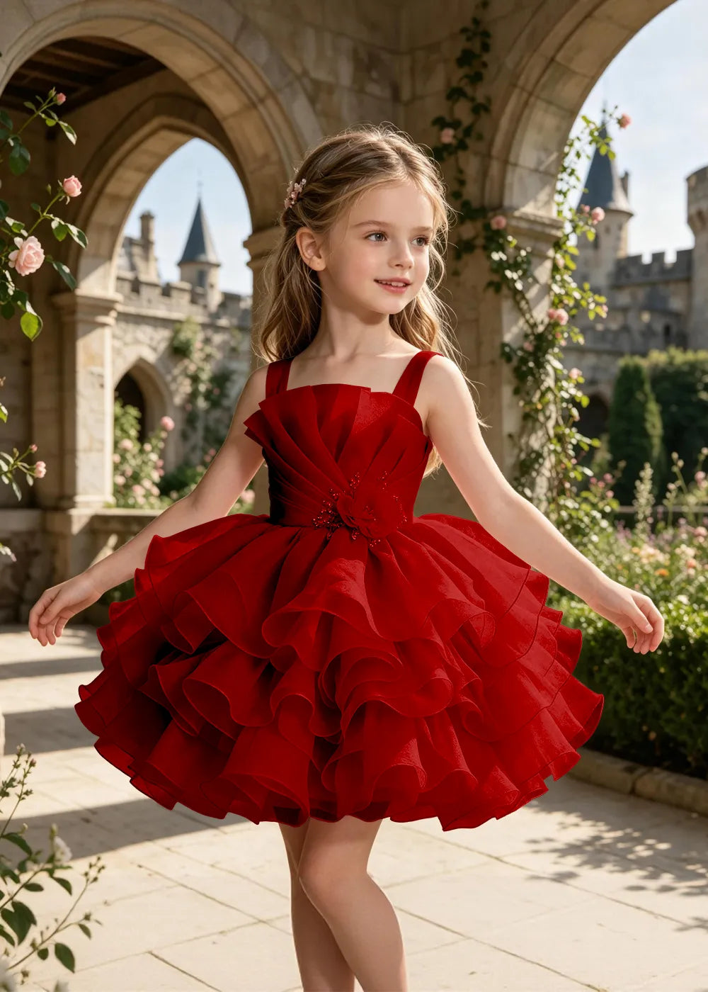 Tiered Tulle Pageant Dress with 3D Flower
