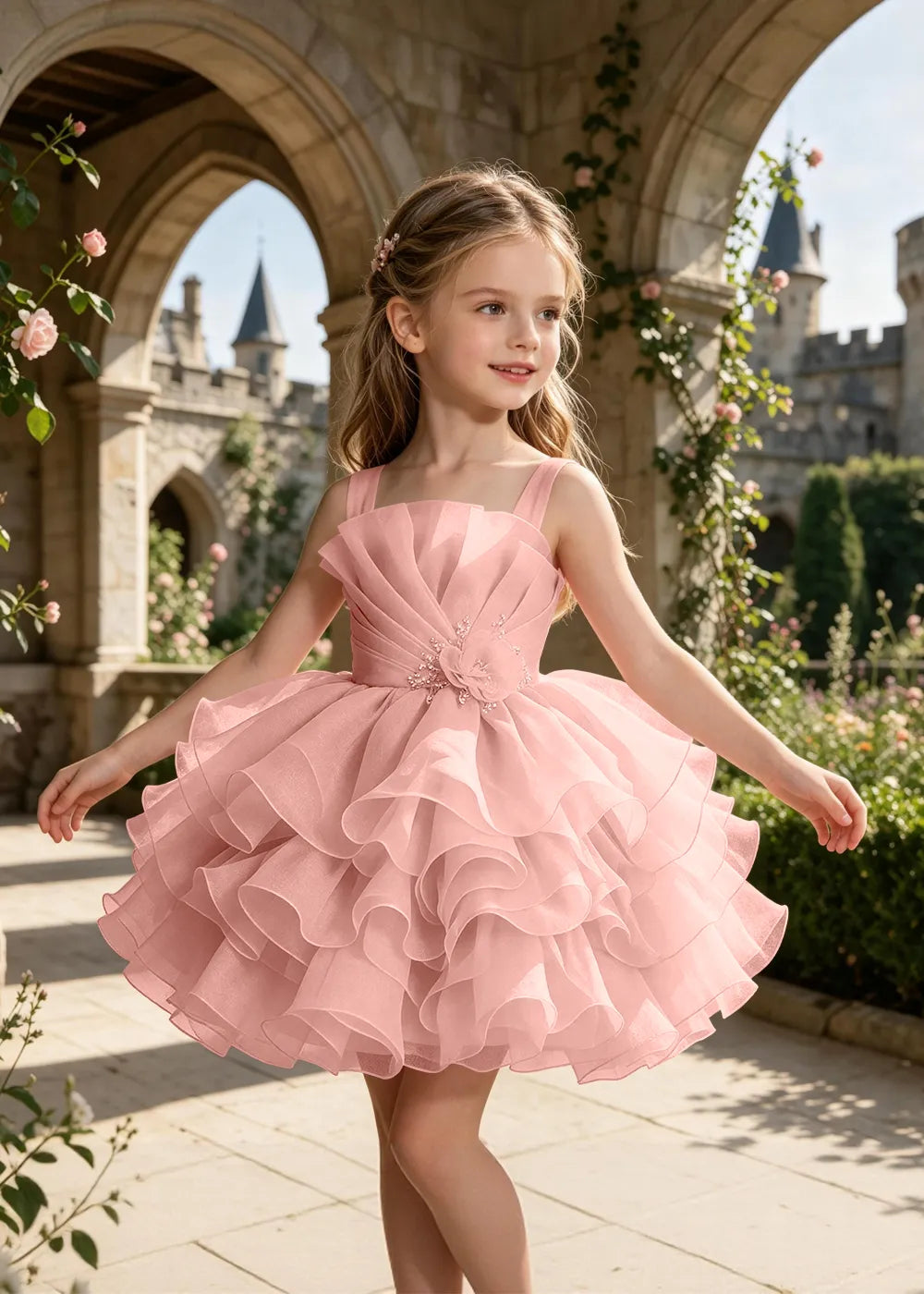 Tiered Tulle Pageant Dress with 3D Flower