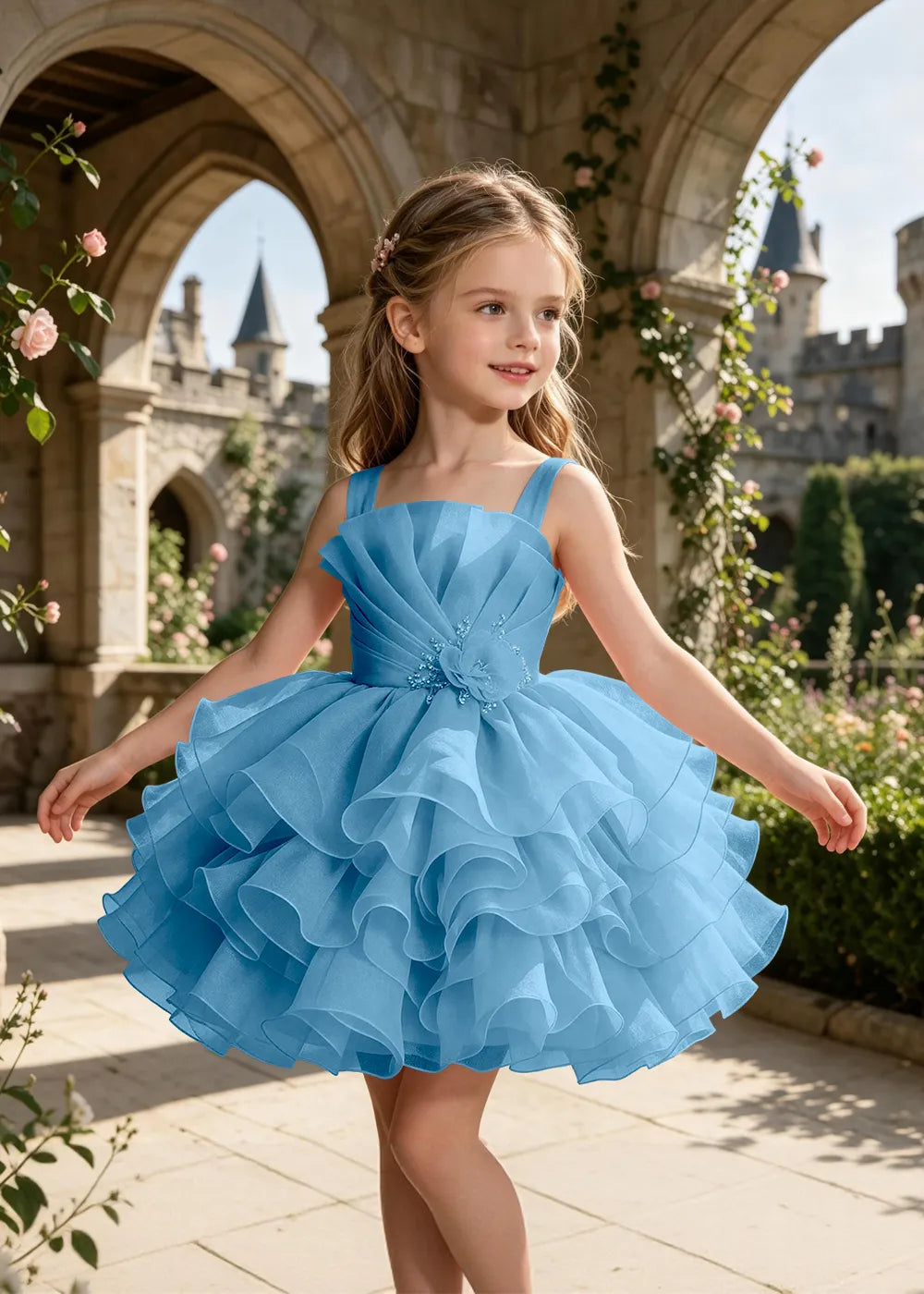 Tiered Tulle Pageant Dress with 3D Flower