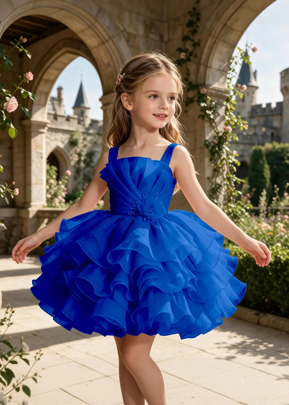 Tiered Tulle Pageant Dress with 3D Flower