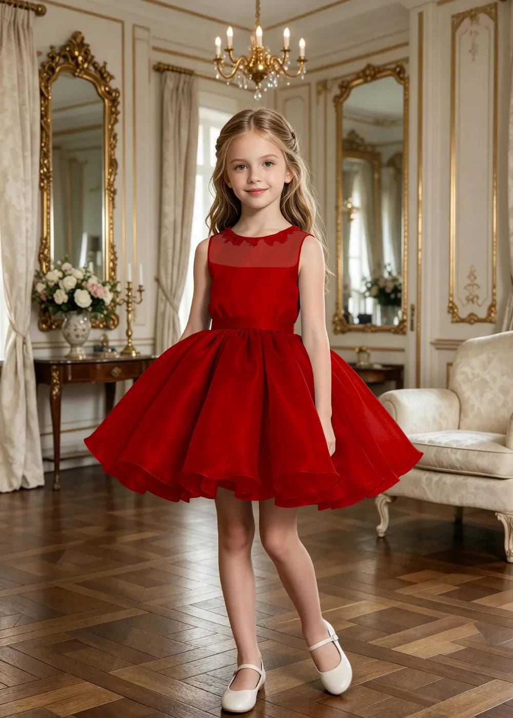Floral Neckline Junior Bridesmaid Formal Dress