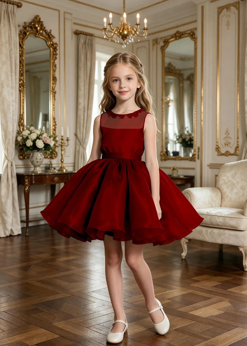 Floral Neckline Junior Bridesmaid Formal Dress
