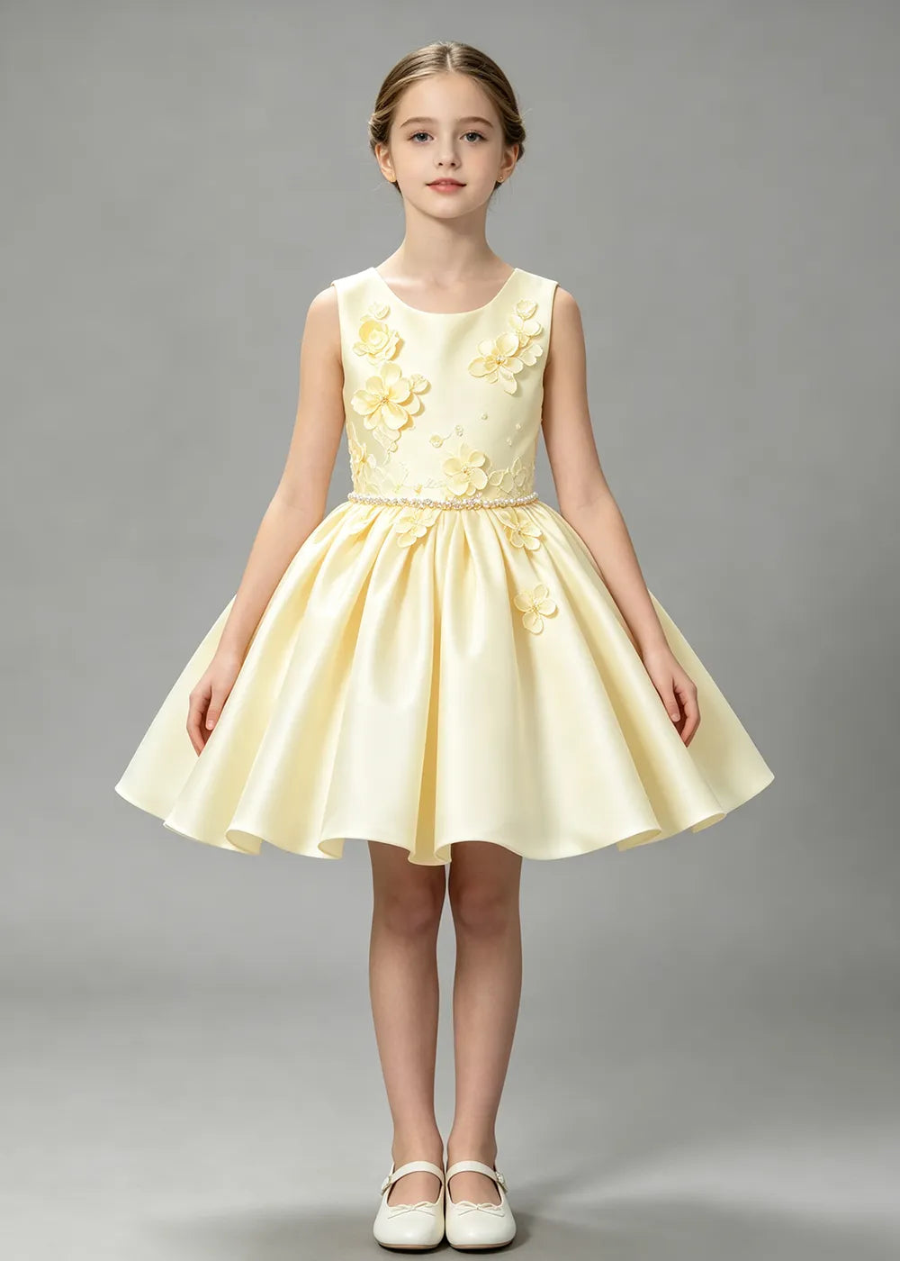 Elegant White Flower Girl Dress with 3D Floral Details