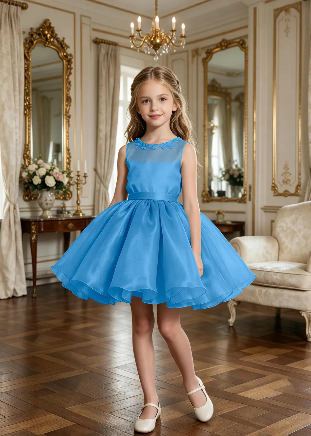 Floral Neckline Junior Bridesmaid Formal Dress