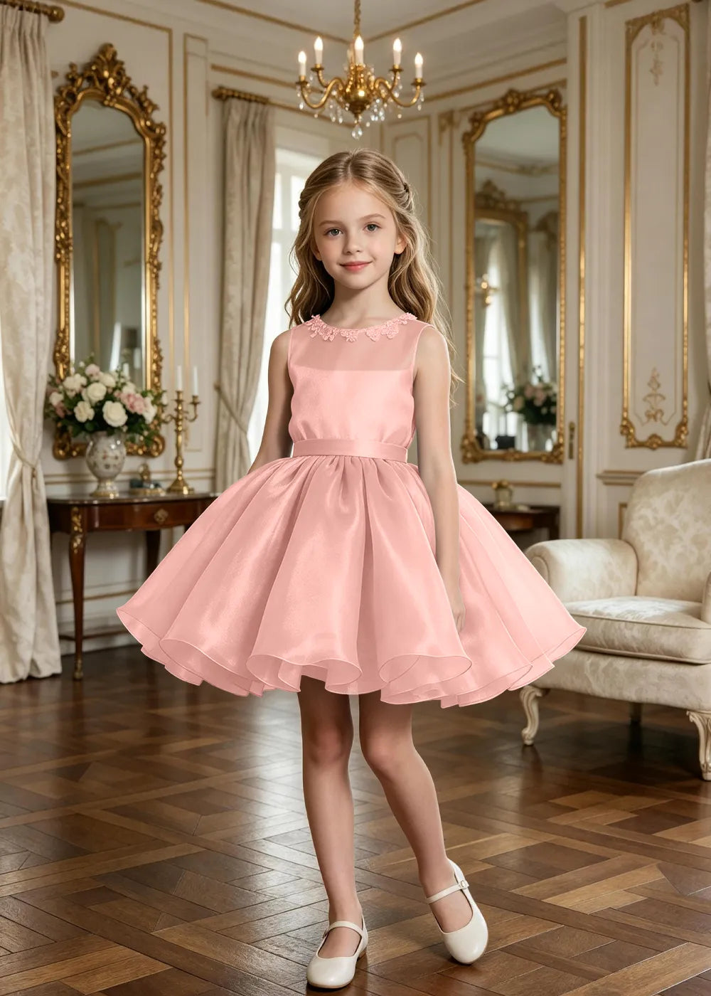 Floral Neckline Junior Bridesmaid Formal Dress