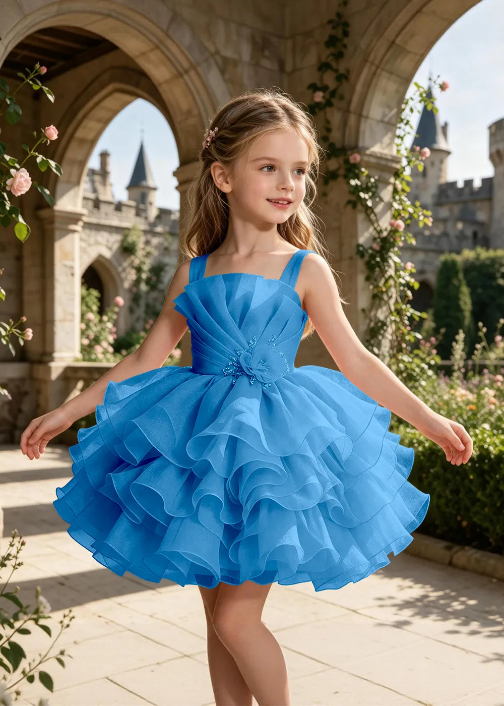 Tiered Tulle Pageant Dress with 3D Flower