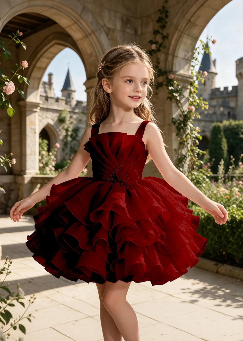 Tiered Tulle Pageant Dress with 3D Flower