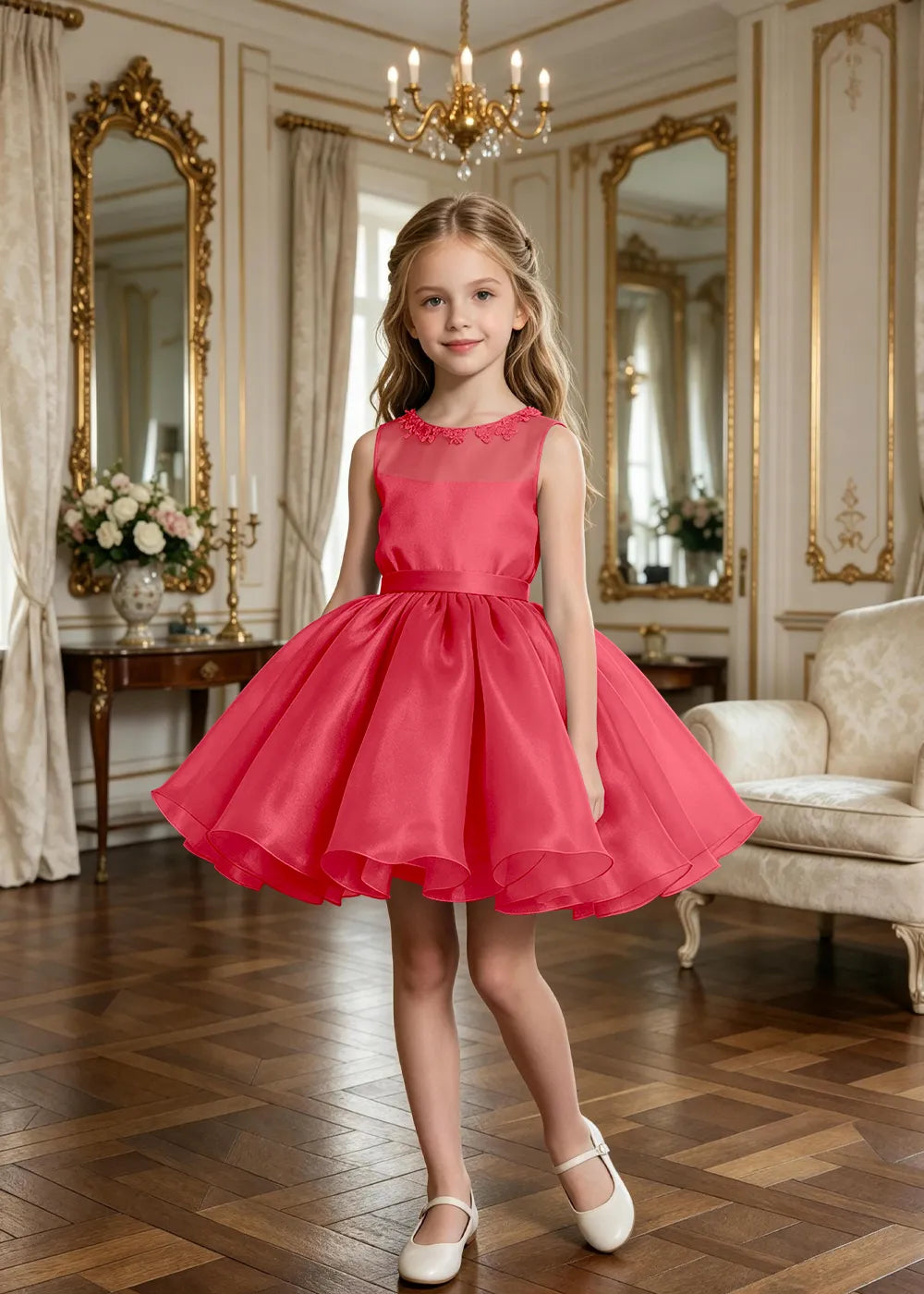 Floral Neckline Junior Bridesmaid Formal Dress