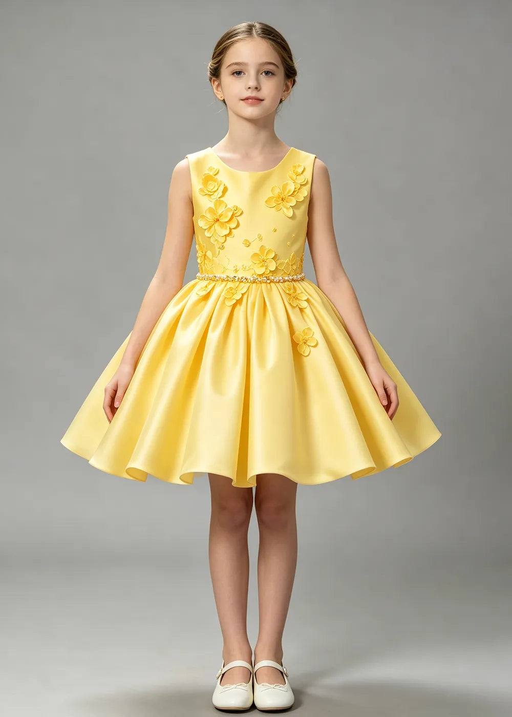 Elegant White Flower Girl Dress with 3D Floral Details