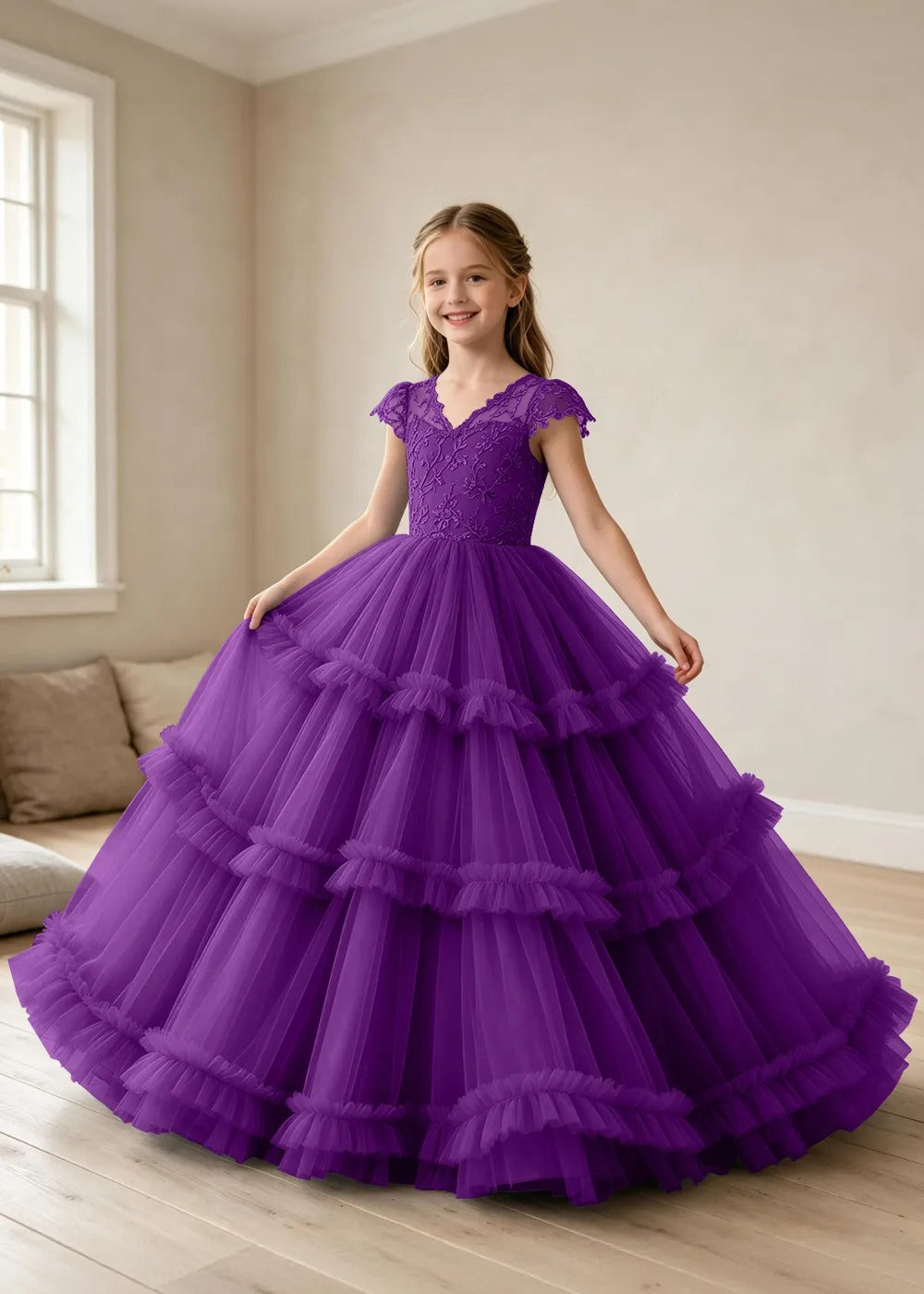 Elegant 3D Flower Appliqué Princess Dress with Layered Tulle Skirt