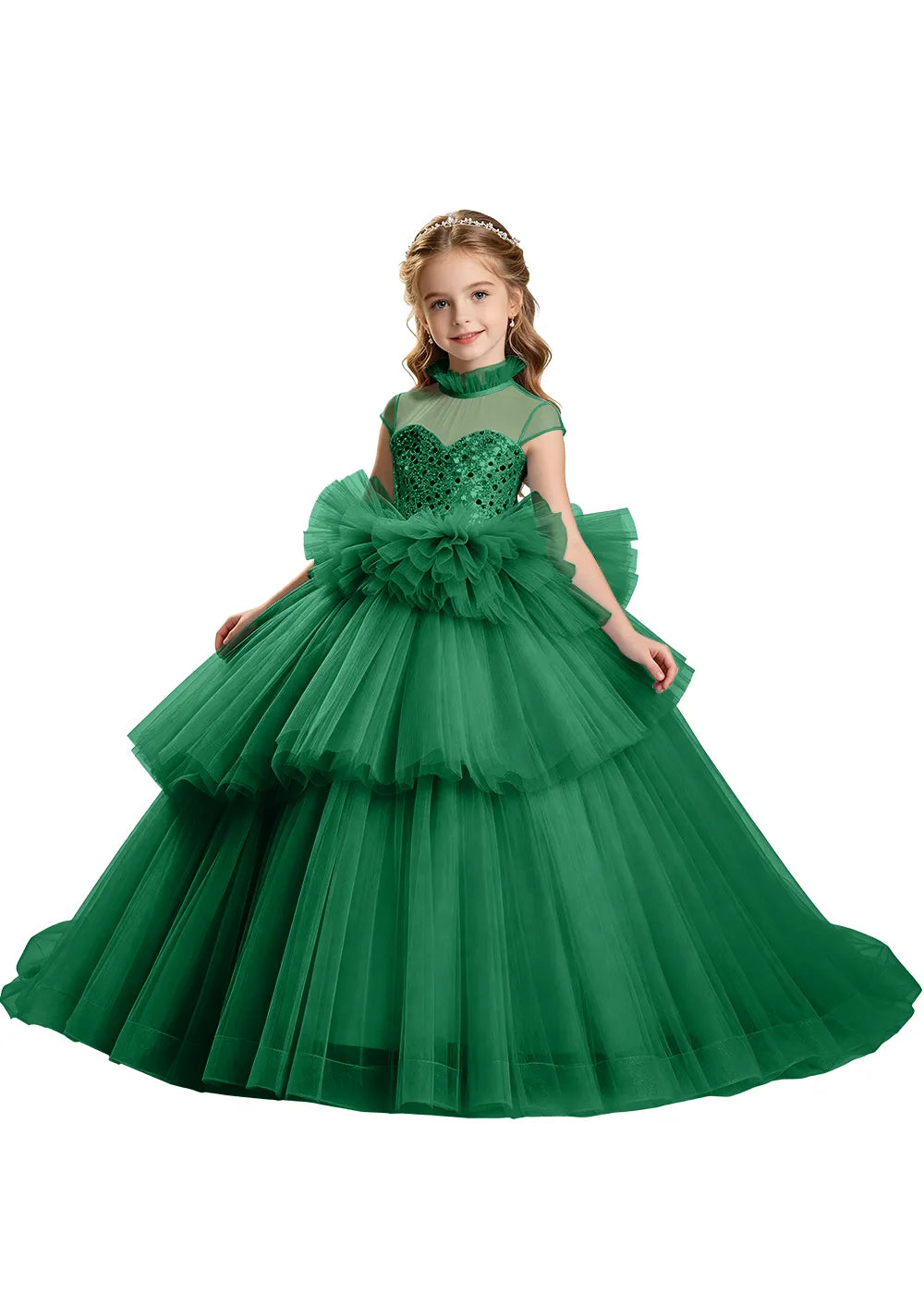 Sequin Illusion Neck Girls Pageant Ball Gown