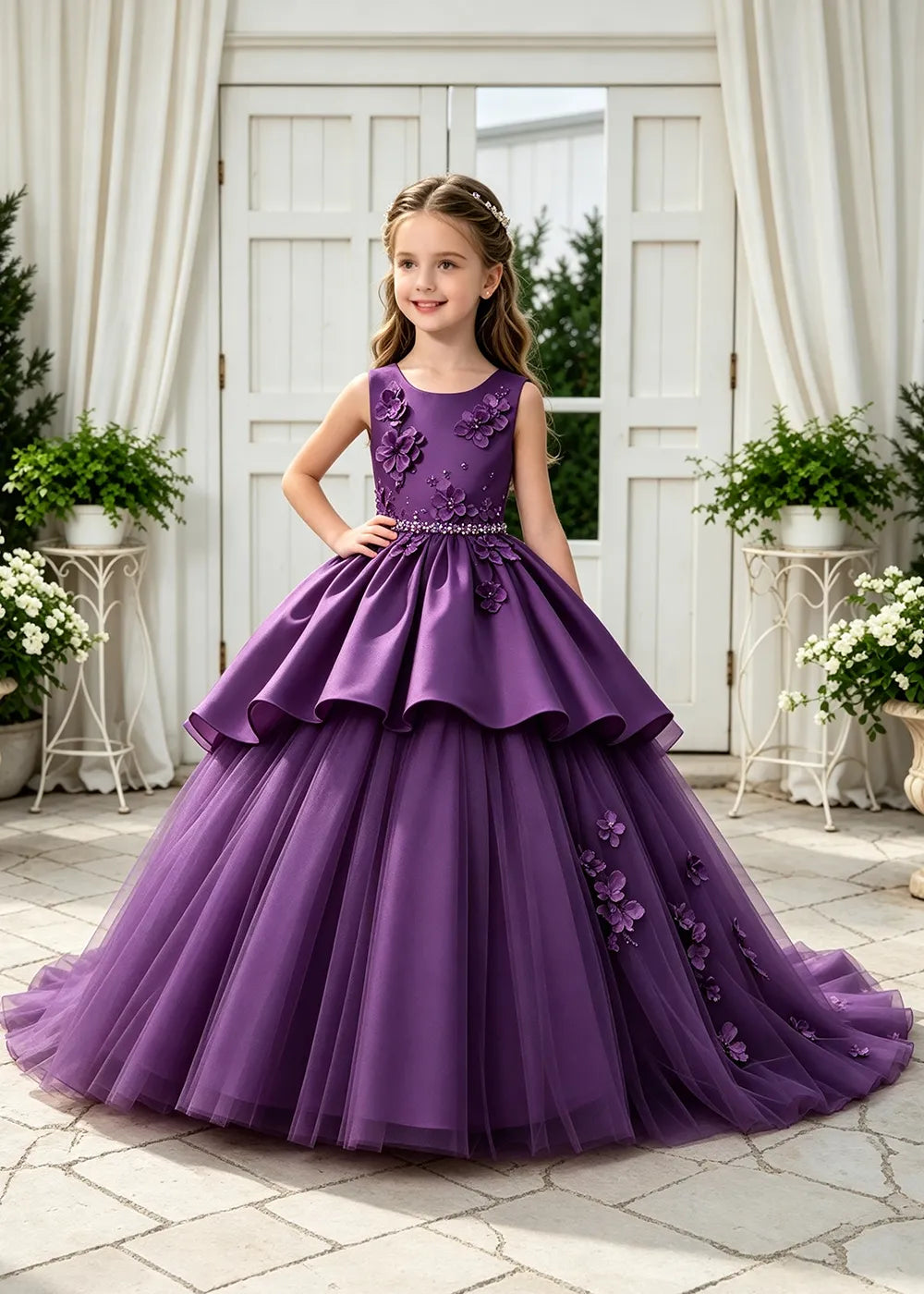 Girls Formal Gown with Sleeveless Bodice and Tulle Ball Skirt