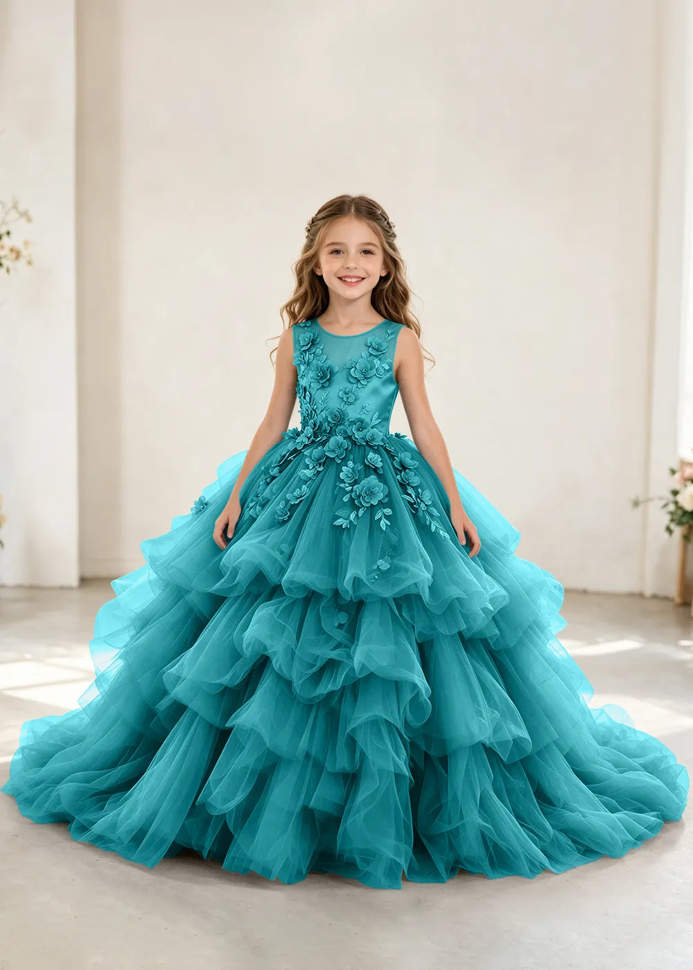 Luxury Layered Tulle Princess Dress with Floral Appliques