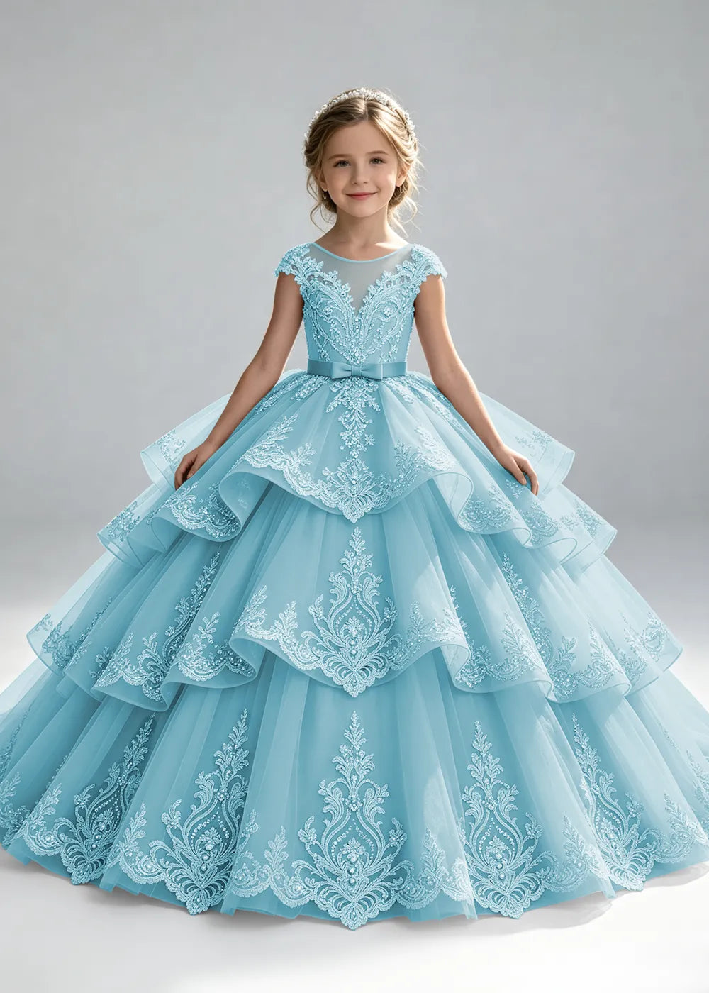 Embroidered Illusion Neck Tiered Pageant Ball Gown