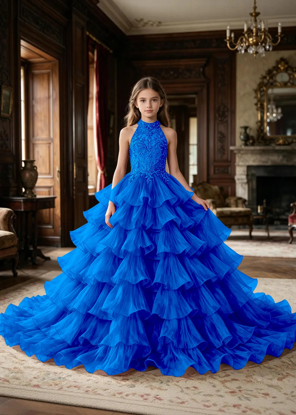 Halter Ruffle Tulle Pageant Ball Gown for Girls