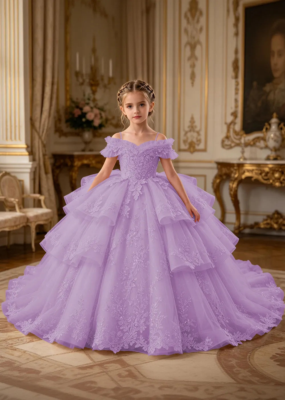 Luxury Princess Tulle Dress with Embroidered Lace and Long Train
