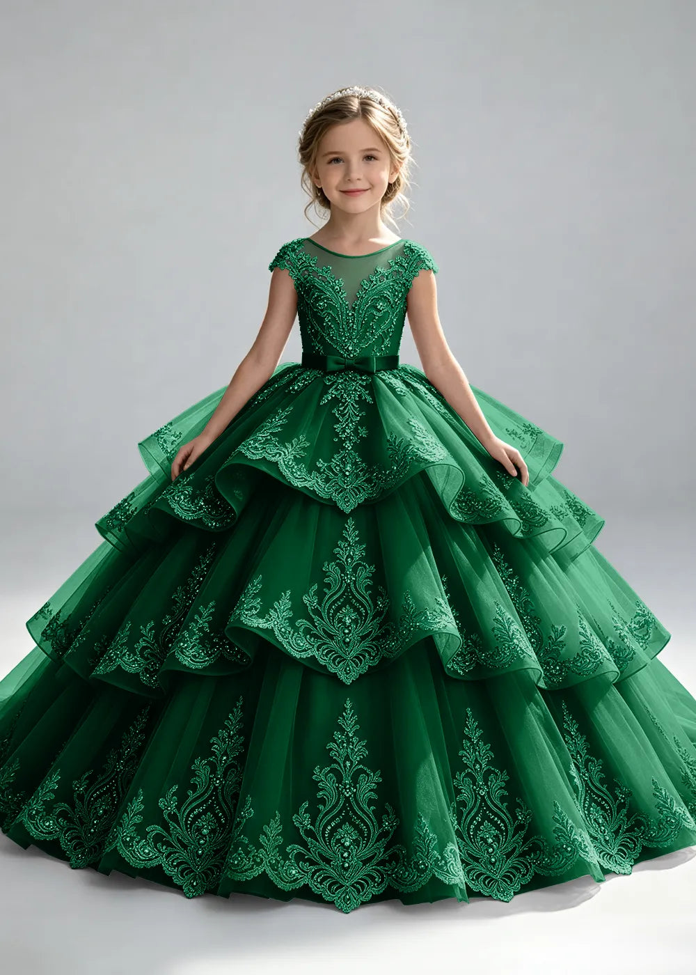 Embroidered Illusion Neck Tiered Pageant Ball Gown