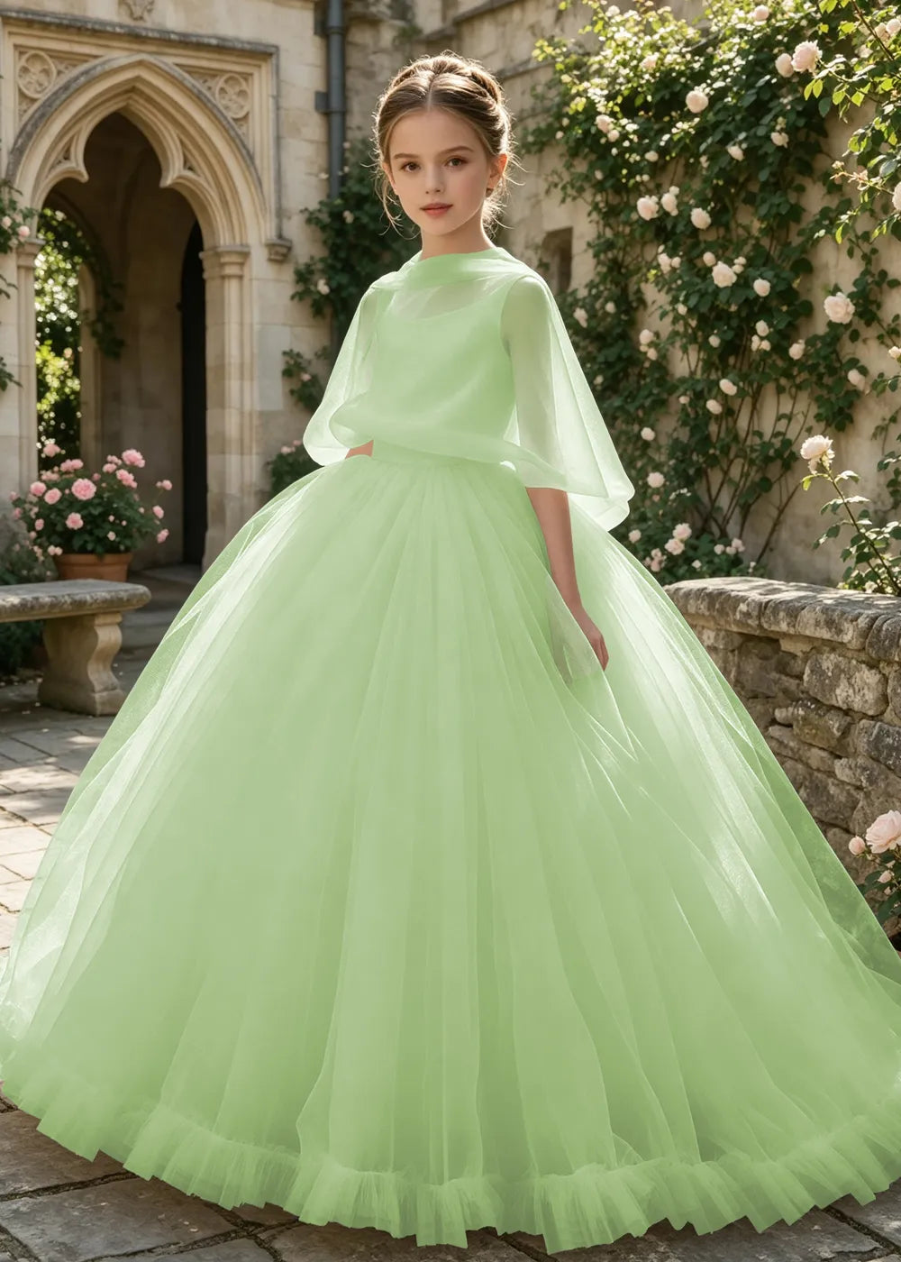 Sheer Cape Tulle Flower Girl Ball Gown