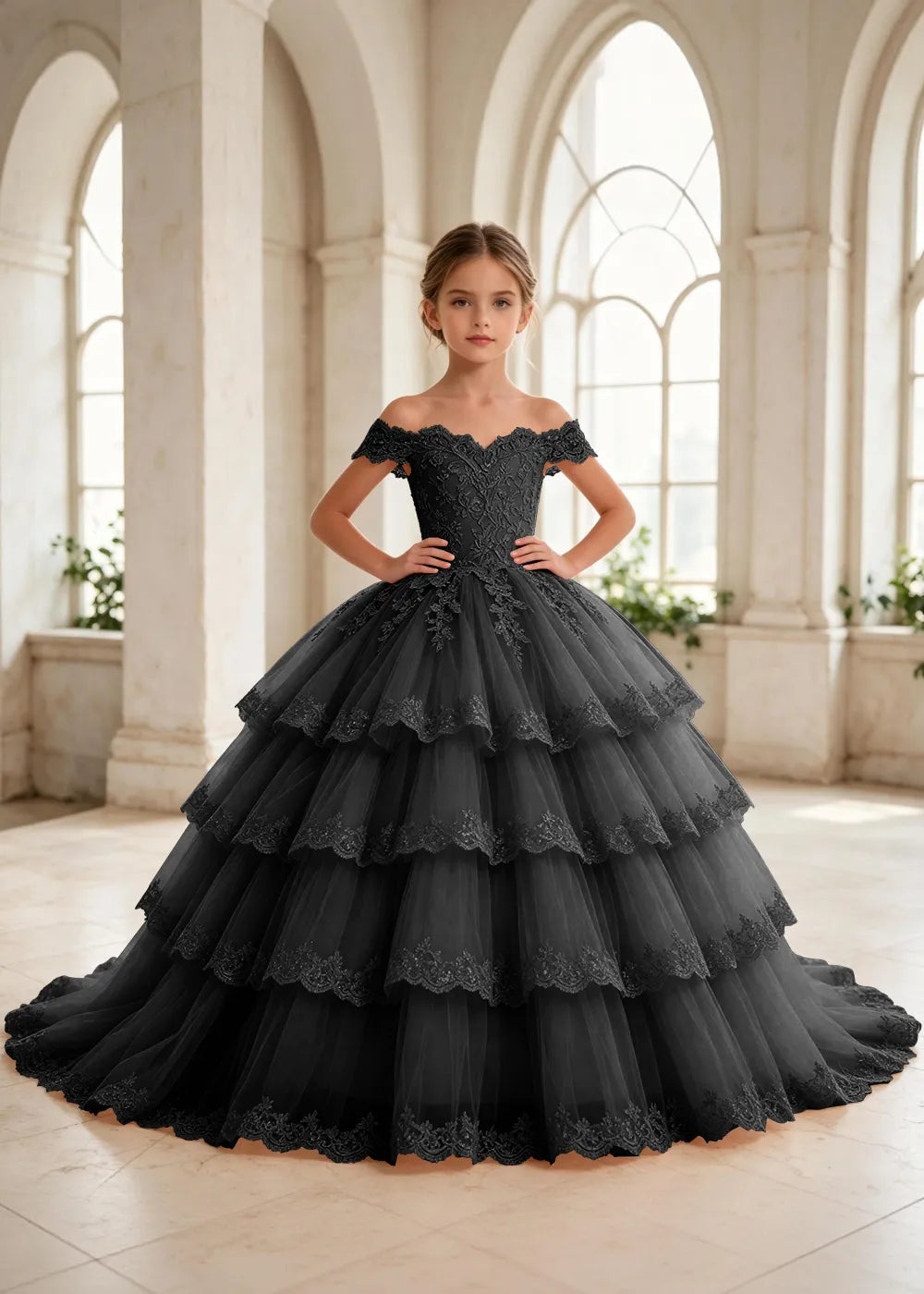 オフショルダーのレースプリンセスドレス