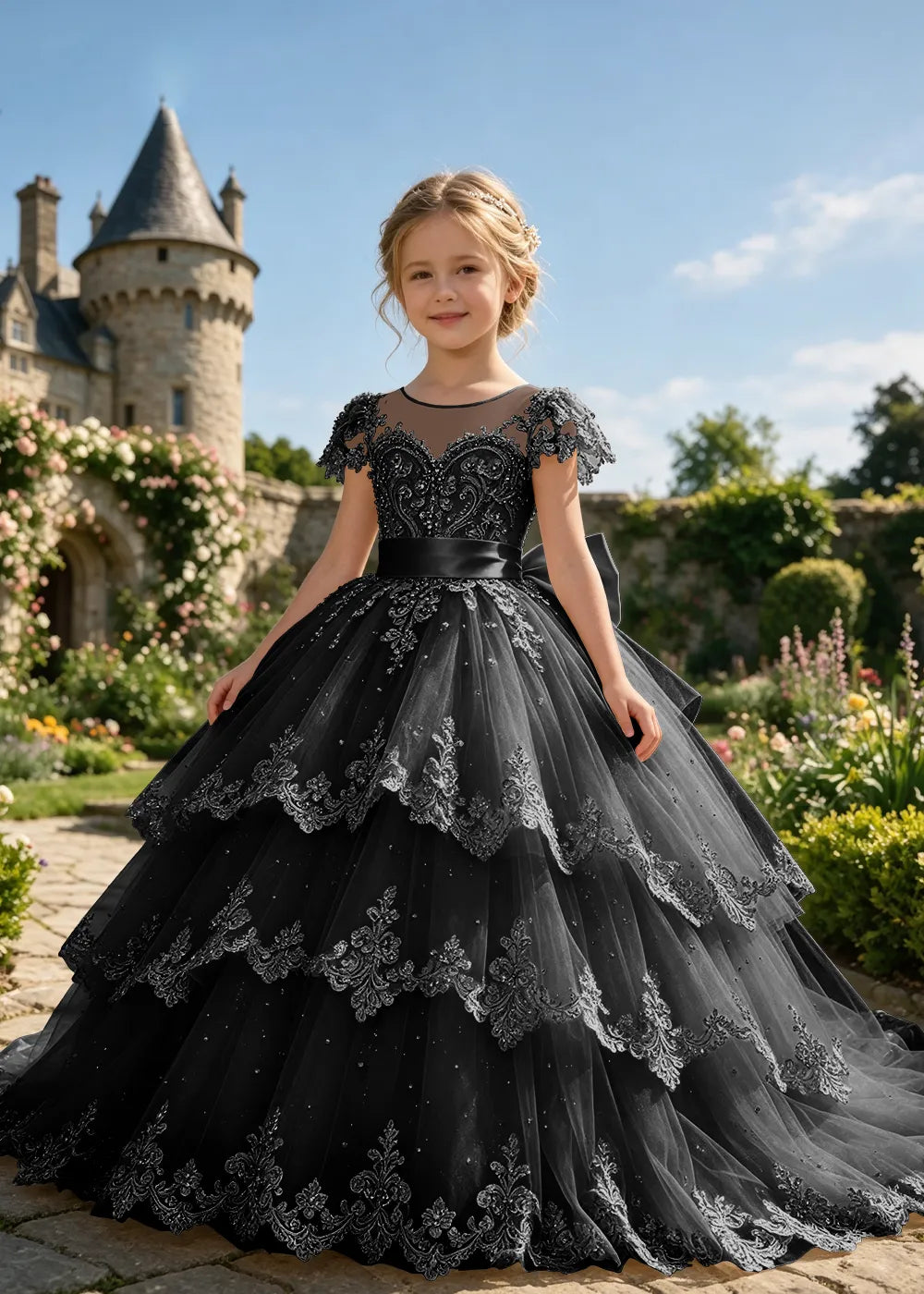 Tiered Lace Flower Girl Ball Gown with Satin Bow