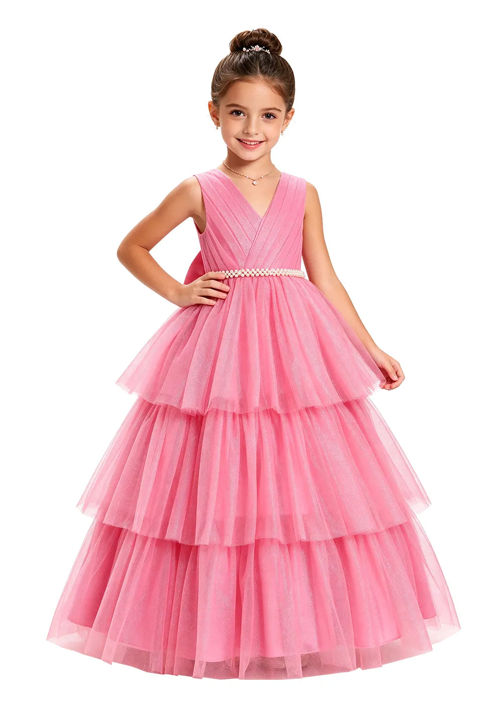 V-Neck Tiered Tulle Girls Princess Dress