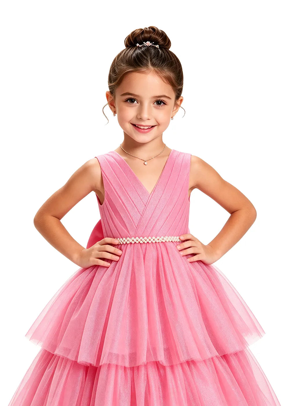 V-Neck Tiered Tulle Girls Princess Dress