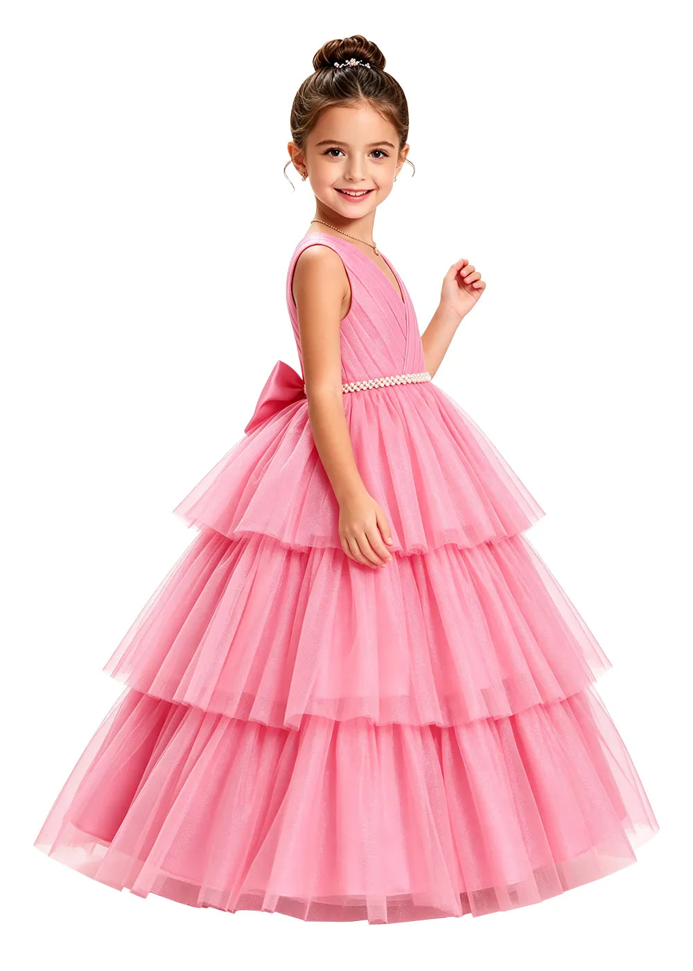 V-Neck Tiered Tulle Girls Princess Dress
