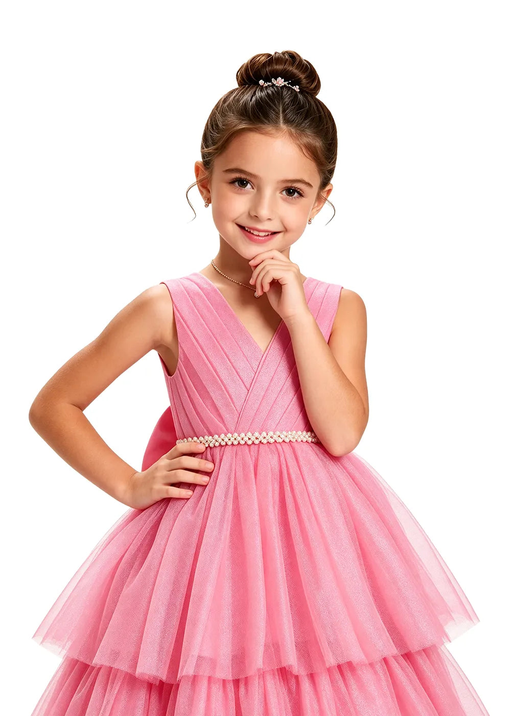 V-Neck Tiered Tulle Girls Princess Dress